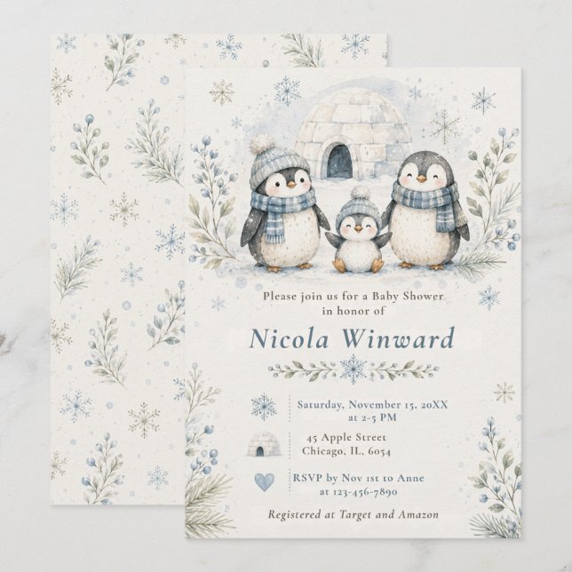Invitación Ducha de Bebé de Pingüino (Anverso / Reverso)