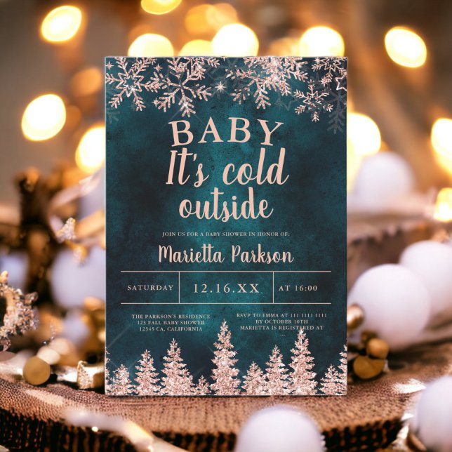 Invitación Ducha de bebé de pino dorado rosa de invierno (Winter rose gold snow pine baby shower invitation)