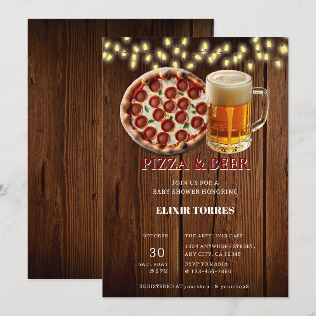Invitación Ducha de bebé de Pizza Rústica y Cerveza (Anverso / Reverso)