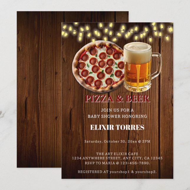 Invitación Ducha de bebé de Pizza Rústica y Cerveza (Anverso / Reverso)