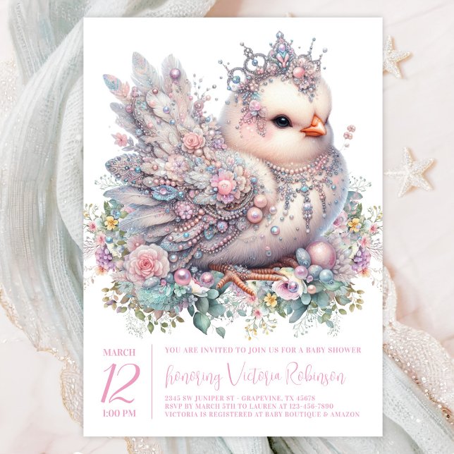 Invitación Ducha de Bebé de Pollito Adornado con Joyas (Precious jeweled chick with crown on a pretty pastel floral background. )