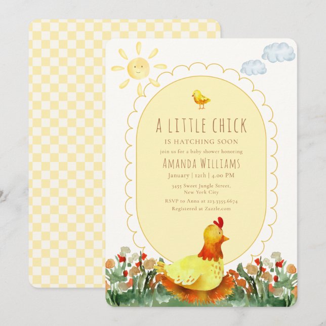 Invitación Ducha de bebé de pollito floral campestre con ging (Anverso / Reverso)