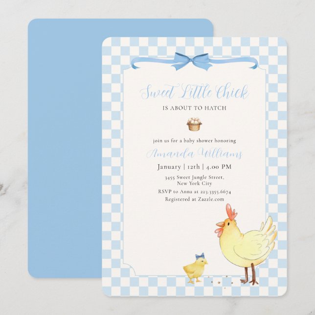Invitación Ducha de Bebé de Pollito Pequeño con Gingham Azul  (Anverso / Reverso)
