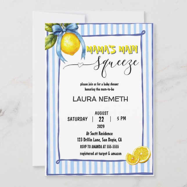 Invitación Ducha de Bebé de Preppy Mama's Main Squeeze Lemon  (Anverso)