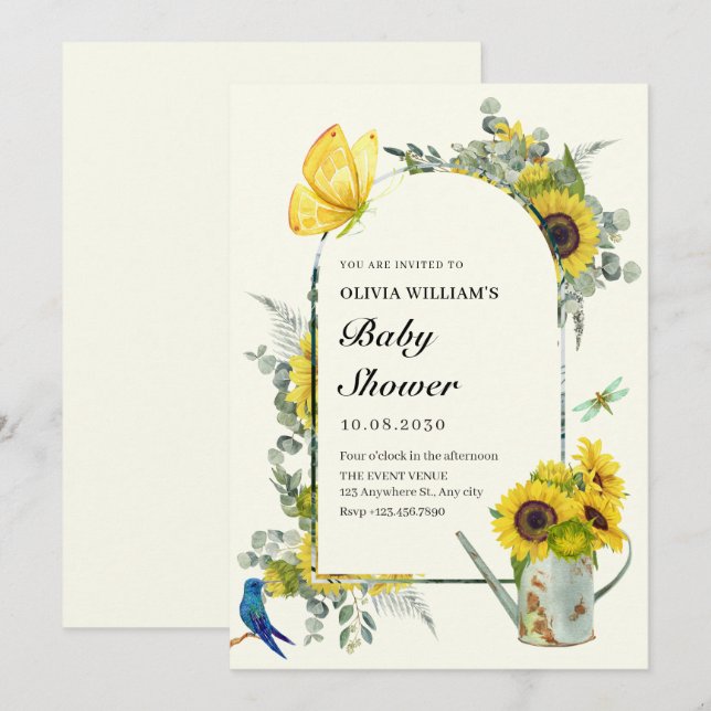 Invitación Ducha de bebé de primavera de girasoles (Anverso / Reverso)