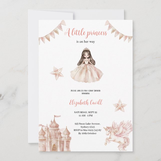 Invitación ducha de bebé de princesa rosa elegante y linda (Anverso)