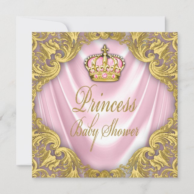 Invitación Ducha de Bebé de Princesa Satén Rosa y Dorado (Anverso)