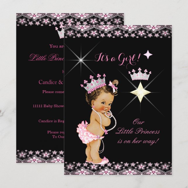 Invitación Ducha de Bebé de Princesa Tiara Rosa Negra Morena (Anverso / Reverso)