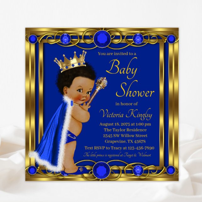 Invitación Ducha de bebé de príncipe afro de oro azul real (Subido por el creador)