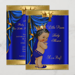 Invitación Ducha de bebé de Príncipe afroamericano Azul Dorad