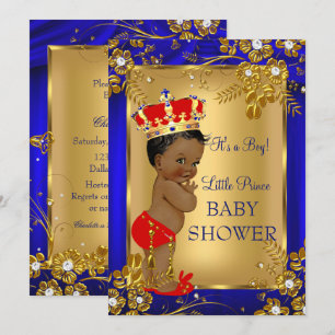 Invitación Ducha de bebé de Príncipe afroamericano en oro y r