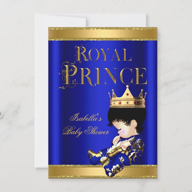 Invitación Ducha de bebé de príncipe real azul oro (Anverso)