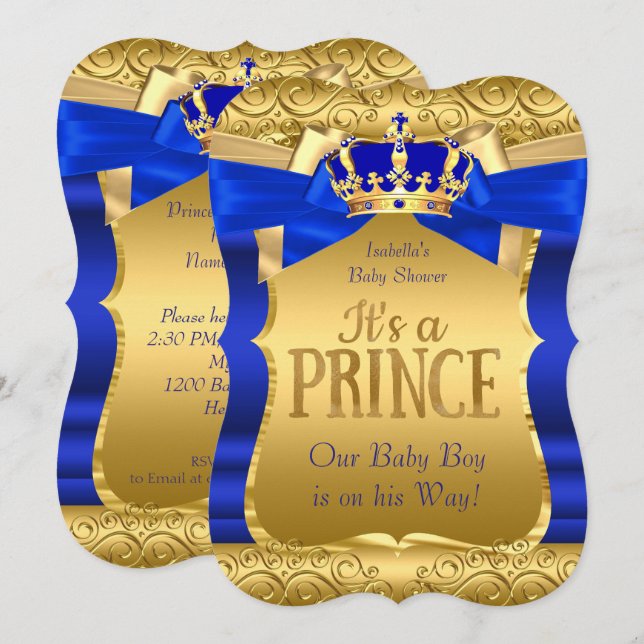 Invitación Ducha de bebé de príncipe real azul oro lazo niño (Anverso / Reverso)