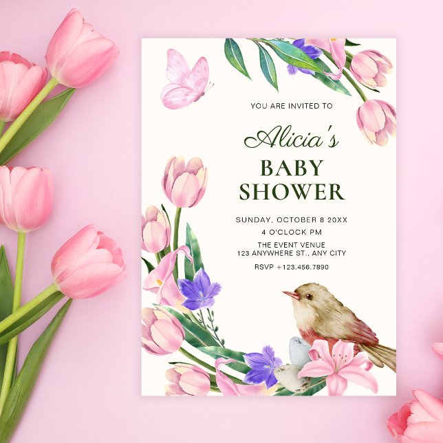 Invitación ducha de bebé de rama floral de pájaro (Subido por el creador)