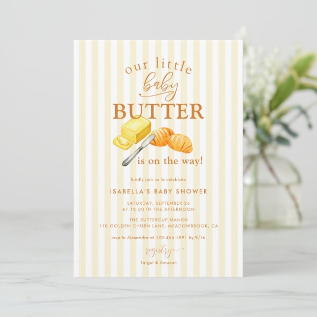 Invitación Ducha de bebé de rayas amarillas de mantequilla (Anverso de pie)