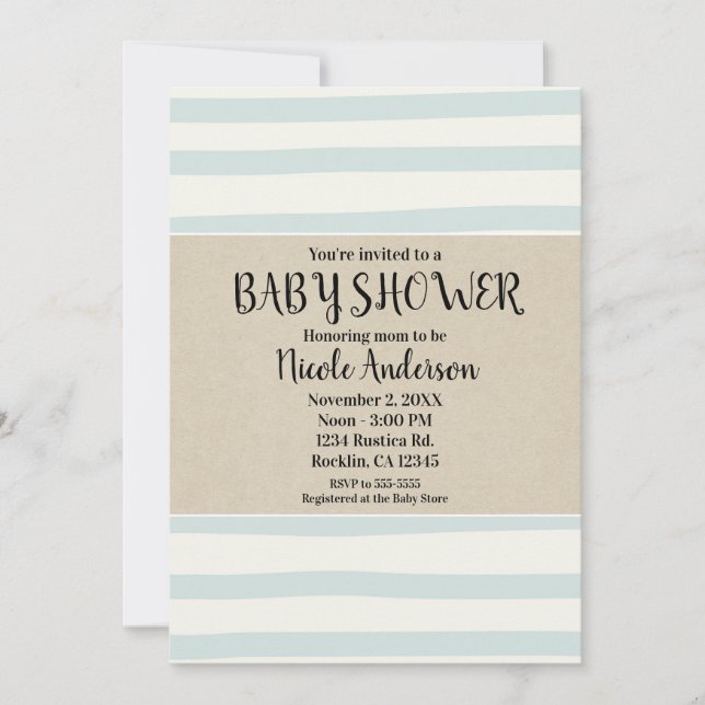 Invitación Ducha de bebé de rayas de acuarela verdes Kraft mo (Anverso)