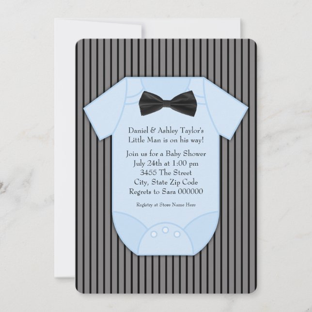 Invitación Ducha de bebé de rayas negras y azules (Anverso)