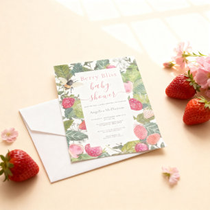 Invitación Ducha de bebé de Reseda Verde Fresas Marco Floral