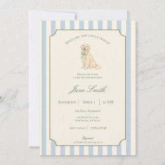 Invitación Ducha de bebé de Retriever Dorado con rayas azules