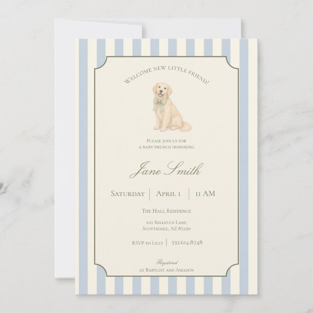 Invitación Ducha de bebé de Retriever Dorado con rayas azules (Anverso)
