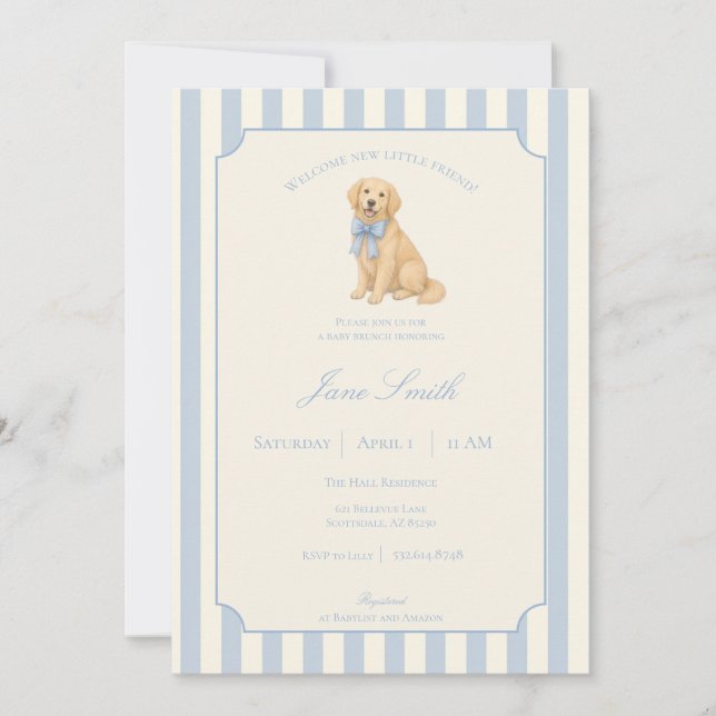 Invitación Ducha de bebé de Retriever Dorado con rayas azules (Anverso)