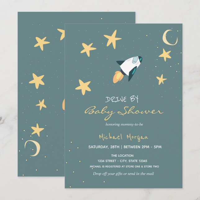 Invitación Ducha de bebé de Rocket Stars Drive By  (Anverso / Reverso)