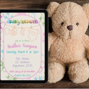 Invitación Ducha de bebé de ropa colorida con flores