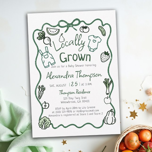 Invitación Ducha de bebé de ropa con lazo dibujado a mano de  (locally grown baby shower invitation hand drawn bow frame produce farm fresh green clothes)