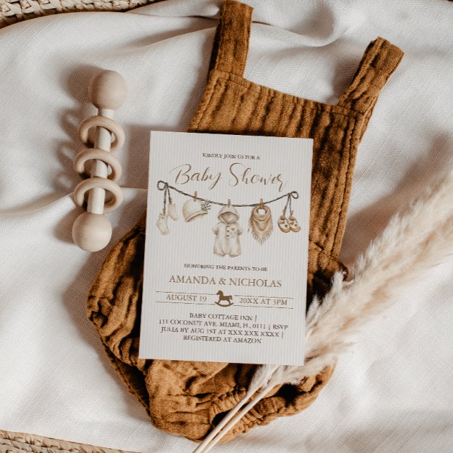 Invitación Ducha de bebé de ropa neutra a rayas (Subido por el creador)