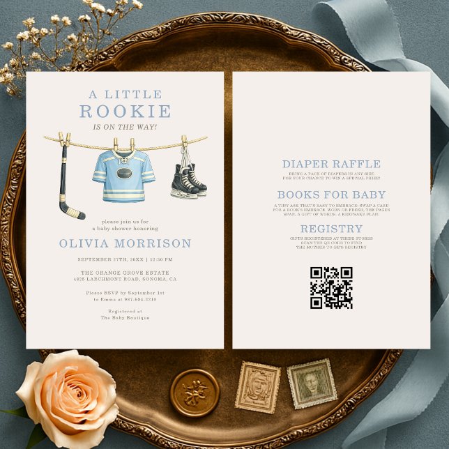 Invitación Ducha de bebé de ropa tendida de hockey todo en un (Subido por el creador)