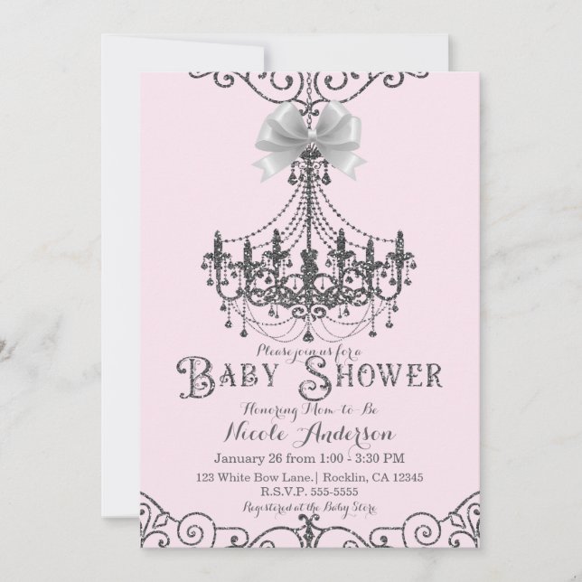 Invitación Ducha de bebé de Rosa Claro y Lazo Blanco Plateado (Anverso)