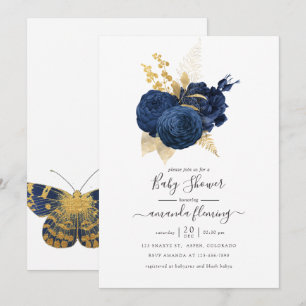 Invitación Ducha de bebé de rosa vintage azul marino y dorado