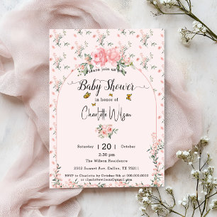 Invitación Ducha de bebé de rosas rosadas elegantes con marip
