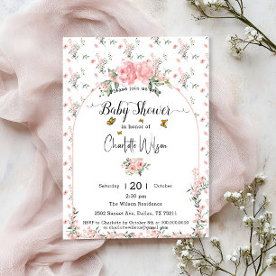 Invitación Ducha de bebé de rosas rosadas elegantes con marip