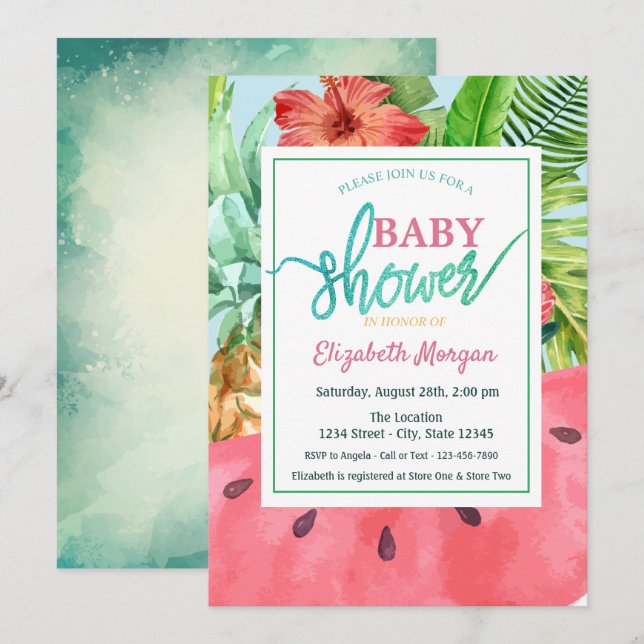 Invitación Ducha de bebé de sandía y hojas de palma de piña (Anverso / Reverso)