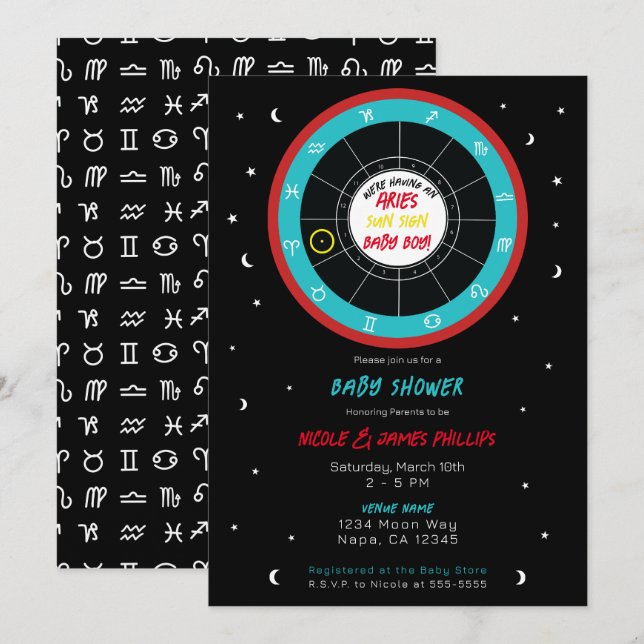 Invitación Ducha de bebé de signo zodiacal de astrología pers (Anverso / Reverso)