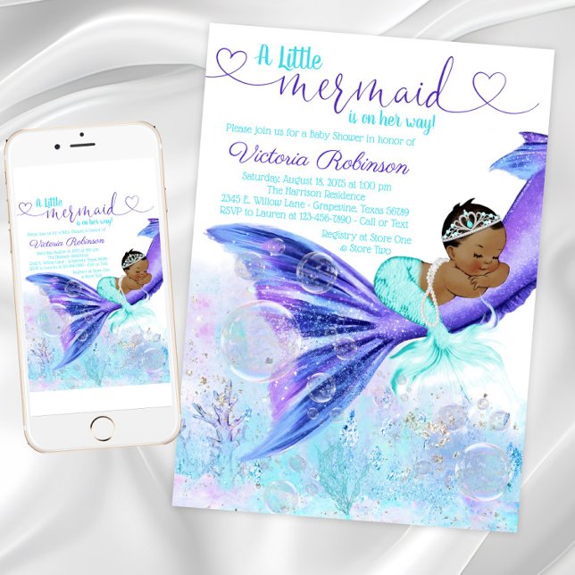 Invitación Ducha de bebé de sirena afroamericana (Mermaid baby shower invitation with cute mermaid. Instant download and printed invitations available)