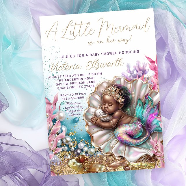 Invitación Ducha de Bebé de Sirena Bebé Durmiendo Concha de A (Cute sleeping mermaid in a beautiful clamshell.)