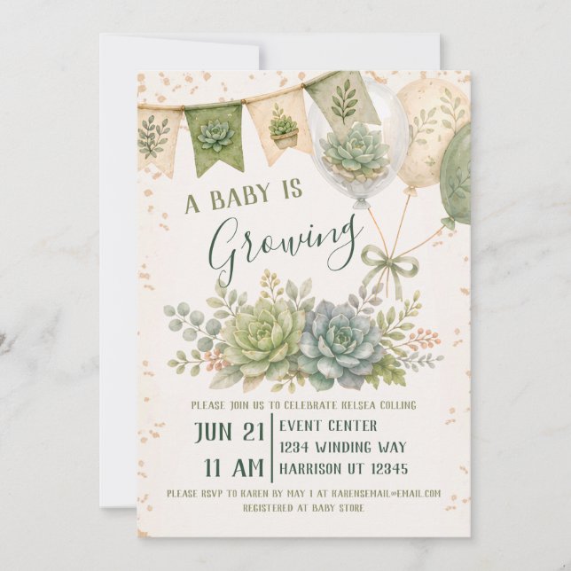 Invitación Ducha de Bebé de Suculentas Crecientes (Anverso)