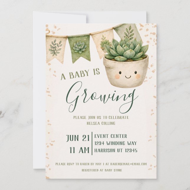 Invitación Ducha de Bebé de Suculentas Kawaii (Anverso)