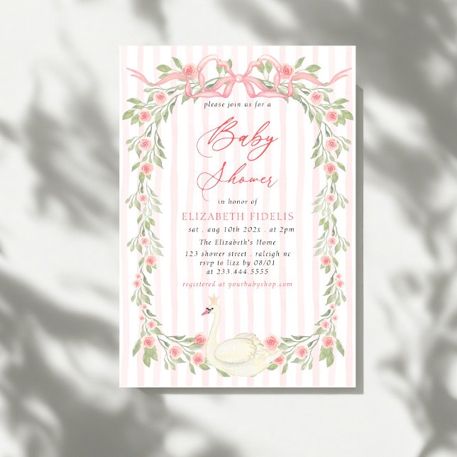 Invitación Ducha de bebé de Swan Pink Bow Floral Roses (Subido por el creador)