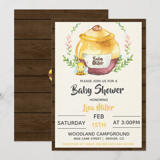 Invitación Ducha de Bebé de Tarro de Miel Rústico y Abeja (Anverso / Reverso)