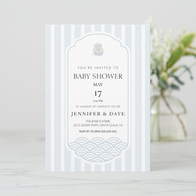 Invitación Ducha de bebé de temática coreana azul moderna (Anverso de pie)