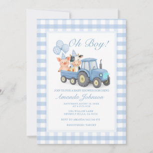 Invitación Ducha de bebé de tractor de gingham azul Animales