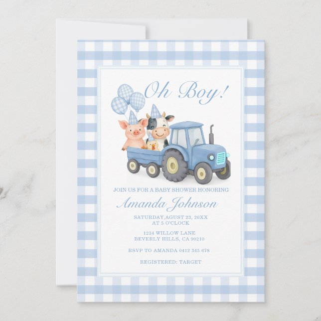 Invitación Ducha de bebé de tractor de gingham azul Animales (Anverso)