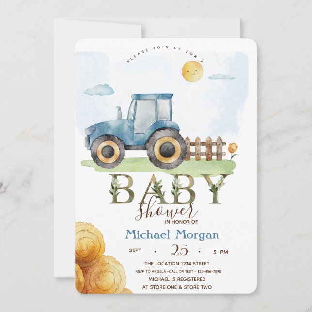 Invitación Ducha de bebé de Tractor de Granja de Acuarela (Anverso)