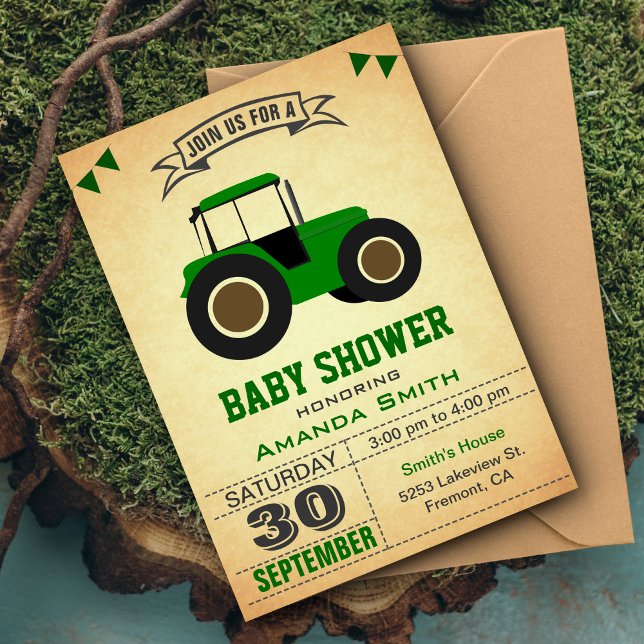 Invitación Ducha de bebé de Tractor de Granja Verde (Subido por el creador)