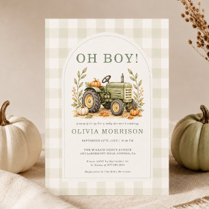 Invitación Ducha de bebé de tractor de otoño Oh Boy Gingham