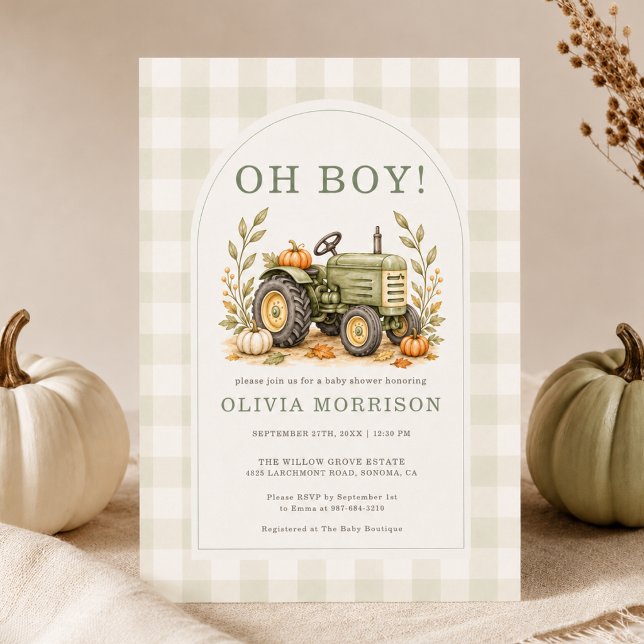 Invitación Ducha de bebé de tractor de otoño Oh Boy Gingham (Subido por el creador)