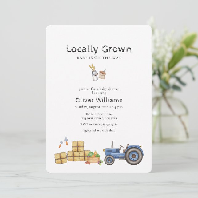 Invitación Ducha de bebé de Tractor del Mercado de Granjero B (Anverso de pie)